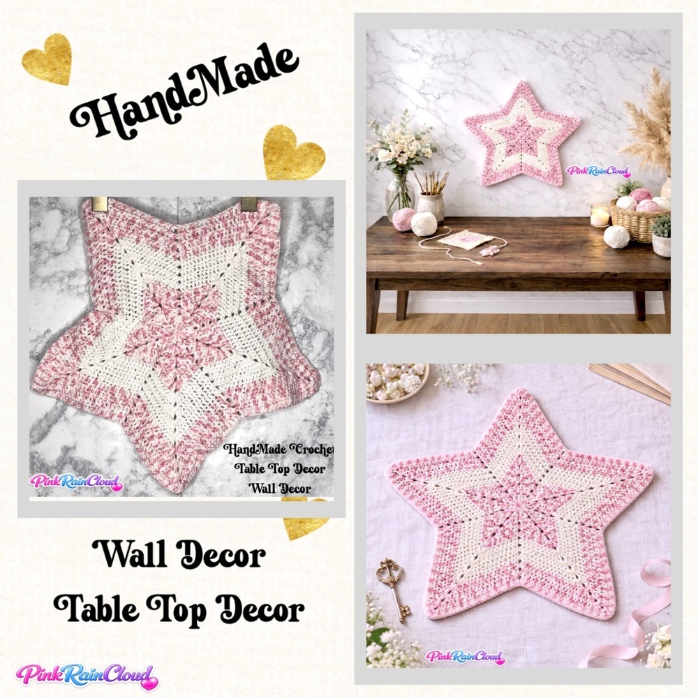HandMade Crochet Star Shaped Pink White Center Piece / Wall Decor PinkRainCloud